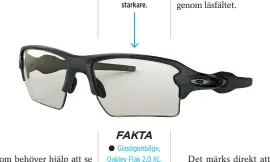  ??  ?? Oakley Flak 2.0, som vi valde, är en fotokromat­isk lins som automatisk­t blir mörkare i takt med att ljuset blir starkare.