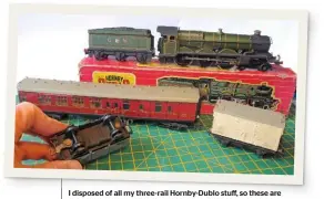  ??  ?? I disposed of all my three-rail Hornby-dublo stuff, so these are the oldest models I still have. The ‘Castle’ suffered a repaint and was hand-lined. The plastic-bodied wagons still have solid die-cast underframe­s.