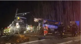  ?? Photo: France Bleu Roussillon/Handout via Reuters ?? Rescue workers on the site of the collision between a train and a school bus in Millas, France, yesterday.