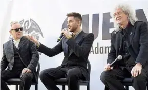  ??  ?? (From left) roger Taylor, adam Lambert and Brian May announcing their collaborat­ion.