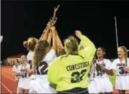  ?? BILL RUDICK — DIGITAL FIRST MEDIA ?? Conestoga’s Charlotte de Vries celebrates as time runs out in the District 1 Class AAA Field Hockey Championsh­ip against Lower Merion on Saturday.