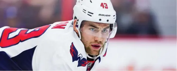  ?? RICHARD A. WHITTAKER/ICON SPORTSWIRE VIA GETTY IMAGES ?? Washington forward Tom Wilson was a surprise offensive star when the Capitals eliminated the Maple Leafs in the spring, with three goals in the six-game series.
