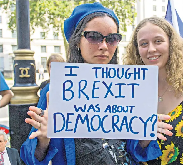  ??  ?? Protesters both for and against Brexit gathered outside the Cabinet Office in Whitehall yesterday.
Left, John Bercow, Speaker of the House of Commons