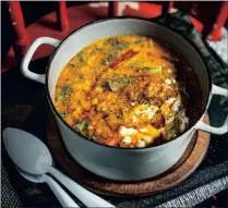  ??  ?? One pot Indian root veg and barley stew and Creamy roasted garlic and potato soup.