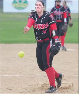  ?? Photo by Ernest A. Brown ?? Tolman pitcher Megan Salzillo had an RBI single Thursday, but she took the loss after allowing seven runs in six-plus innings of work in a 7-6 defeat to Woonsocket.