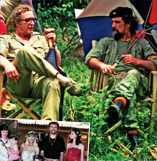  ?? ?? EXTREME ANTICS: Billy Connolly with co-star Michael Caine on the set of 1985 movie Water in St Lucia. Left: Billy and Pamela Stephenson with their children on their wedding day in Fiji in 1989