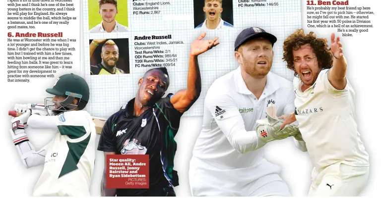  ?? PICTURES: Getty Images ?? Star quality: Moeen Ali, Andre Russell, Jonny Bairstow and Ryan Sidebottom