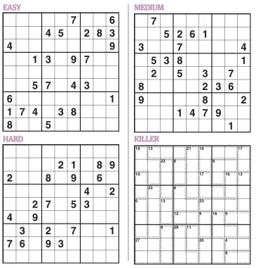  ??  ?? For Killer Sudoku, the normal rules of Sudoku apply. However, in addition, the digits in each inner shape (marked by dotted lines) must add up to the number in the top corner of the shape.