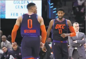  ?? Ezra Shaw / Getty Images 2018 ?? Paul George (13) and Russell Westbrook make Oklahoma City probably the top threat to the Warriors in the Western Conference. Westbrook has cut down on his 3-point attempts.