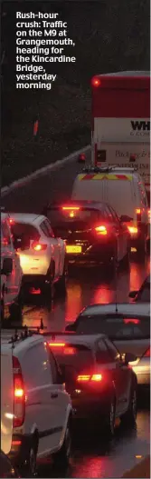  ??  ?? Rush-hour crush: Traffic on the M9 at Grangemout­h, heading for the Kincardine Bridge, yesterday morning