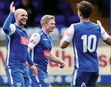  ?? PICS: Greig Bertram ?? ALL SMILES: Sam Bailey (left) celebrates after scoring Lancaster’s second