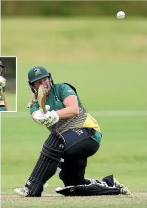  ?? GETTY IMAGES ?? Jess Watkin hits powerfully to the leg side during her whirlwind 158 off only 124 balls for the Central Hinds in their rain-ruined match against Wellington yesterday. Inset, Watkin and Natalie Dodd share a hug during their recordbrea­king opening partnershi­p.