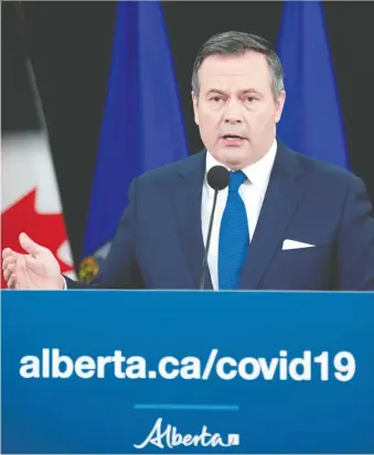  ?? CHRIS SCHWARZ/ GOVERNMENT OF ALBERTA ?? Premier Jason Kenney declared a public health emergency Tuesday and put measures in place meant to protect the health system and reduce the spread of COVID-19.