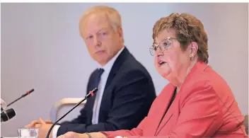  ?? FOTO: DPA ?? Die frühere Gewerkscha­ftschefin Monika Wulf-Mathies und WDR-Intendant Tom Buhrow stellen in Bonn den Bericht vor. Wulf-Mathies war von Buhrow damit beauftragt worden.