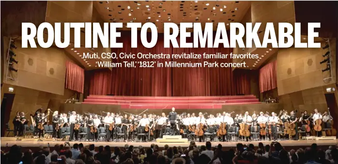  ?? TODD ROSENBERG PHOTO ?? Music director Riccardo Muti (center) and Chicago Symphony Orchestra and Civic Orchestra of Chicago musicians take their bows after the “Concert for Chicago” on Thursday at Millennium Park.