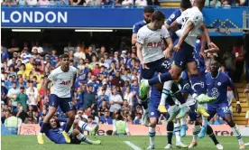  ?? Photograph: Paul Childs/Action Images/Reuters ?? Marc Cucurella (lying down left) reacts after having his hair pulled by Cristian Romero at Stamford Bridge.