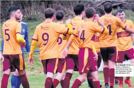  ??  ?? In a bunch Whitburn players celebrate a goal during their win over Bathgate Thistle (Pic: Whitburn JFC)