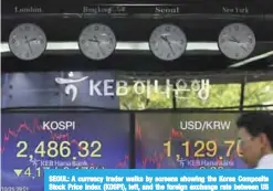  ?? —AP ?? SEOUL: A currency trader walks by screens showing the Korea Composite Stock Price Index (KOSPI), left, and the foreign exchange rate between US dollar and South Korean won at the foreign exchange dealing room in Seoul yesterday.