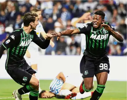  ?? — AP ?? Time to rejoice: Sassuolo’s Cloud Adjapong (right) celebrates after scoring during the Serie A match against SPAL on Thursday.