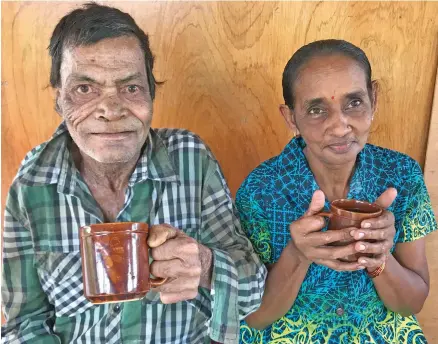  ?? Photo: ?? Dhirendra Prasad (left) with wife Rama Wati having tea in their home at Vunivau, Labasa on May 20, 2020.