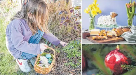  ?? FOTOS: DPA/ARCHIV ?? Eier suchen gehört an Ostern natürlich dazu. Ebenso für viele ein Osterbrunc­h. Was aber die Weihnachts­kugel am Osterstrau­ch zu suchen hat?