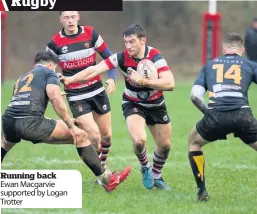  ??  ?? Running back Ewan Macgarvie supported by Logan Trotter