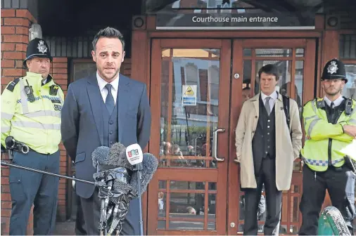  ??  ?? CHASTENED: Anthony McPartlin speaking outside court in Wimbledon after admitting driving while more than twice the legal alcohol limit