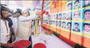  ?? HT PHOTO ?? BJP national president Amit Shah pays tribute on Tuesday to political workers who have been killed in violence in Kannur, Kerala. The district has witnessed several killings this year.