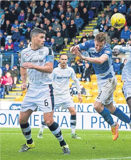  ??  ?? Above: Kevin Gomis challenges Steven MacLean in the box as St Johnstone win a second-half penalty, which former Dundee United playmaker Danny Swanson scored to make it 2-0, top right; right: Steven Anderson celebrates his opening goal with team-mates;...