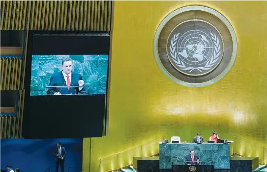  ?? (Reuters/Eduardo Munoz) ?? FOREIGN MINISTER Israel Katz addresses the 74th session of the United Nations General Assembly at the UN last month.