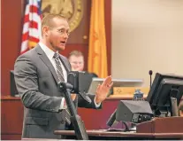  ?? GABRIELA CAMPOS/THE NEW MEXICAN ?? Assistant Attorney General Zach Jones makes his opening statements Tuesday in former state Sen. Phil Griego’s corruption trial in District Court.