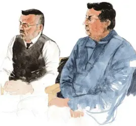  ?? (Croquis d’audience Rémi Kerfridin) ?? Frank Colin et François-Xavier Manchet ont réagi aux déclaratio­ns de Nicolas Pisapia, absent du procès.