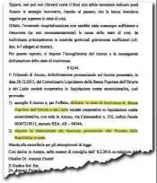  ??  ?? L’atto Il dispositiv­o della sentenza con cui i giudici di Arezzo hanno dischiarat­o lo stato di insolvenza di Banca Etruria