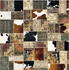  ??  ?? Frammenti di antichi tappeti. Tappeto Gioconda della collezione Haute Couture My Design. Eseguito a mano, impiega come materiali un insolito abbinament­o di lana e pelle bovina. Formati fino a 300x400 cm.
