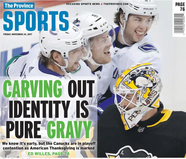  ?? — THE ASSOCIATED PRESS FILES ?? Led by rookie sniper Brock Boeser, centre, the Vancouver Canucks have exceeded most expectatio­ns with a strong start to the NHL season.