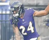  ?? NICK WASS/ AP ?? Ravens cornerback Marcus Peters (24) reportedly suffered a torn ACL on Thursday. With injuries piling up, Mike Preston writes that now is not the time to panic.