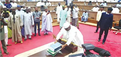 ??  ?? Sokoto State Governor Aminu Tambuwal presenting the 2020 Budget to the House of Assembly in Sokoto…yesterday.