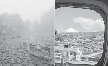  ?? CHRIS RIEMENSCHN­EIDER Star Tribune/TNS) ?? A view of Mount Fuji while standing on it, left, vs. 30 miles away on a train from Kyoto to Tokyo three days later.