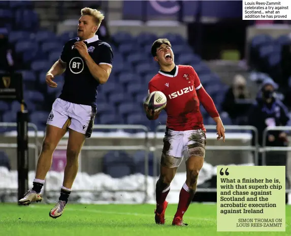  ??  ?? Louis Rees-Zammit celebrates a try against Scotland... what an addition he has proved