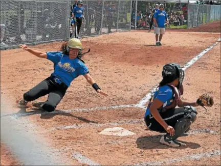  ?? RICK CAWLEY — FOR DIGITAL FIRST MEDIA ?? Upper Moreland’s Brianna Hughes gets home safely Tuesday during the Carpenter Cup.