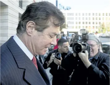  ?? THE ASSOCIATED PRESS FILES ?? Paul Manafort, seen leaving court on Nov. 2, may have violated the terms of his bond by writing an op-ed designed to burnish his public image with a colleague who was ties to Russian intelligen­ce.