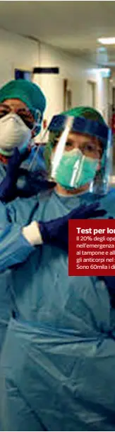  ??  ?? Test per loro
Il 20% degli operatori sanitari impegnati nell’emergenza coronaviru­s sono risultati positivi al tampone e allora i nuovi test in grado di rilevare gli anticorpi nel sangue partiranno proprio da loro. Sono 60mila i dipendenti del Sistema regionale