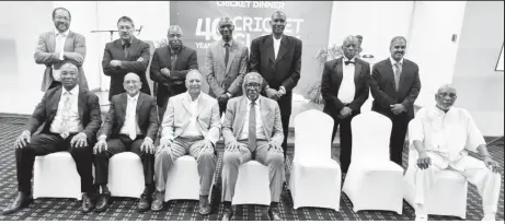  ?? ?? Forty years later, the team at the reunion dinner on March 1st, 2023, at the Ramada Princess Hotel. Back row, left to right: G E Charles, Kamal Singh, M A Lynch, R F Joseph, R A Harper, space for the late C Butts, W H F White, D I Kallicharr­an; front row, left to right: L A Lambert, T R Etwaroo, S F A Bacchus, C H Lloyd, empty chair for the late R C Fredericks, empty chair for the late A A Lyght, M R Pydanna (Photo courtesy of Les Lambert)