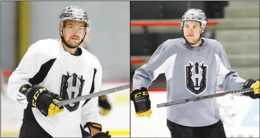  ?? PHOTOS BY STEVE MARCUS ?? Henderson Silver Knights forward Sven Baertschi, left, and defenseman Derrick Pouliot practice Thursday at Lifeguard Arena in downtown Henderson. The two met more than a decade ago in junior hockey, played two seasons together in the NHL and are working toward returning to the NHL with the Golden Knights.