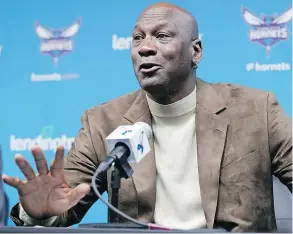  ?? — THE ASSOCIATED PRESS ?? Charlotte Hornets owner Michael Jordan talks to the media about playing host to the NBA All-Star game.