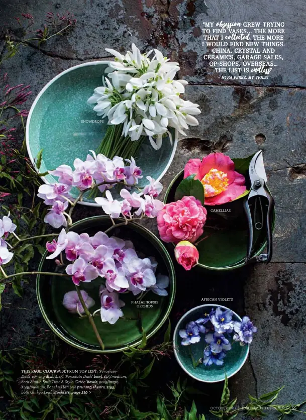  ??  ?? THIS PAGE, CLOCKWISE FROM TOP LEFT: ‘Porcelain
Dusk’ serving dish, $145, ‘Porcelain Dusk’ bowl, $45/medium, both Studio Enti. Time & Style ‘Oribe’ bowls, $229/large, $149/medium, Banshu Hamono pruning shears, $199, both Ginkgo Leaf. Stockists, page...