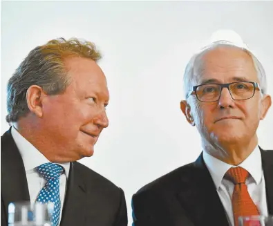  ??  ?? Andrew
Forrest and Prime Minister Malcolm Turnbull at a meeting in Parliament House earlier this year.