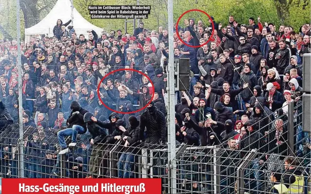  ??  ?? Nazis im Cottbusser Block: Wiederholt wird beim Spiel in Babelsberg in der Gästekurve der Hitlergruß gezeigt.