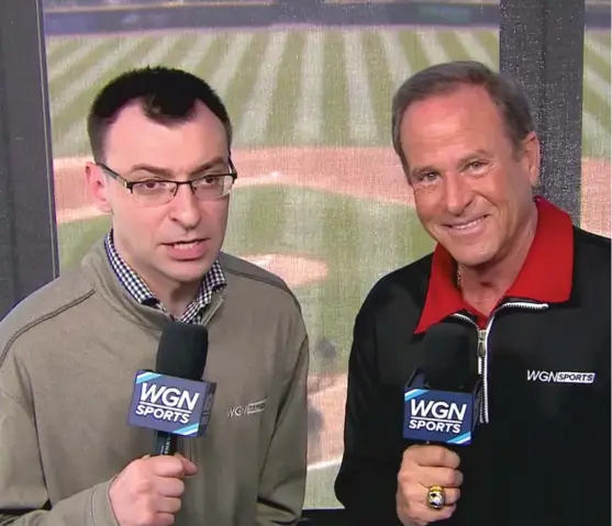  ??  ?? White Sox TV broadcaste­rs Jason Benetti ( left) and Steve Stone have become good buddies. They live in the same building and hang out all the time. WGN