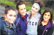  ??  ?? Charity trekkers Kirsty Grimes, Natalie Fisher, left, with other walkers Steph Roberts and Rachael Courtney and, right, the Snailwalke­r team is greeted at the finish